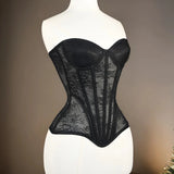 Women Mesh Corset Busiter Overbust Cups Push Breast Floral Lace Bodice Sext Tansparent Strapless Crop Tops Lace Up Steel Boned