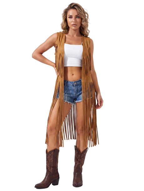 Women's Tassel Long Vest Fashionable Western Style Solid Color Open Front Cowgirl Sleeveless Jacket