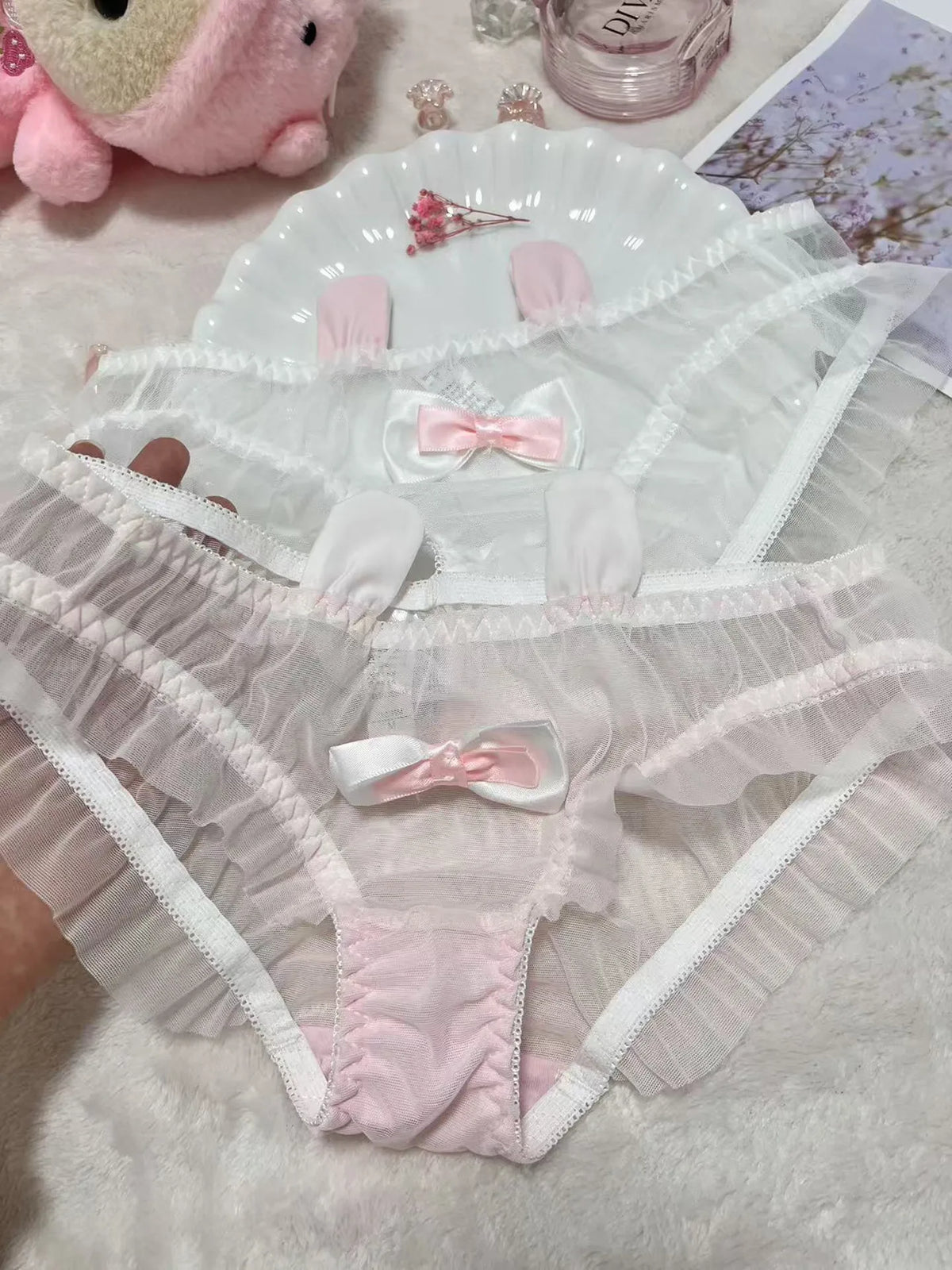 Cute  Knot Lace  Pink Rabbit Sexy Pure Desire Net  Panties Low Waist Breathable Quick Dry Comfortable Un...