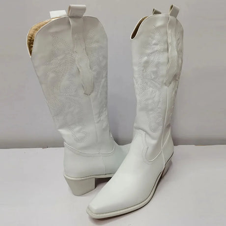 White Cowgirl Western Boots Embroidery Cowboy Boots for Women 2026 Brand Fashion Chunky Heeled Women Mid-Calf Boots Shoes Comfy