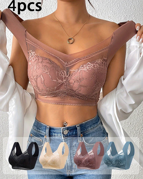 FINETOO 4Pcs Plus Size Sexy Crop Tank Top Seamless Bra Push Up Women Bras Wireless Bralette Femme Underwear Sports Lace Lingerie