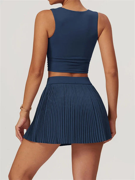 2-Piece Yoga Tennis Skirt Set Gym Outdoor Bra Crop Top High Waist Fitness Skirt Suit Women's Golf Dance Badminton Sport Shorts