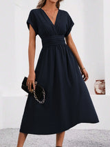 Dresses 2025 Woman Summer Solid-Color V-Neck Batwing-Sleeve Pleated Long Elegant Dress Woman Clothing Tops Skirts Y2k Clothes