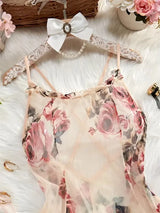 Women Floral Spaghetti Strap Nightdress Back‑cross Chemise Romantic Sleepwear for Valentine Honeymoon Dating Bedroom Loungewear