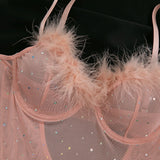 Women's Lingerie Bodysuit Rhinestone Mesh Feather Trim Sheer Teddy With Gloves Set  Sleepwear Nightwear Party Clubwear Outfit