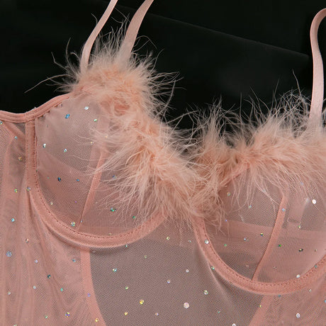 Women's Lingerie Bodysuit Rhinestone Mesh Feather Trim Sheer Teddy With Gloves Set  Sleepwear Nightwear Party Clubwear Outfit
