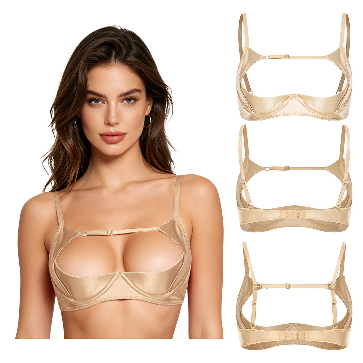 Womens Satiny 1/4 Cup Bra Solid Cut Out Adjustale Straps Underwired Shelf Bra Hollow Out Supportive Balconette Bra Underwear