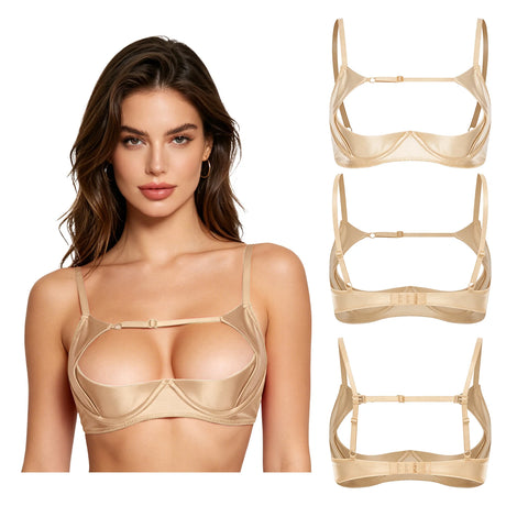 Womens Satiny 1/4 Cup Bra Solid Cut Out Adjustale Straps Underwired Shelf Bra Hollow Out Supportive Balconette Bra Underwear