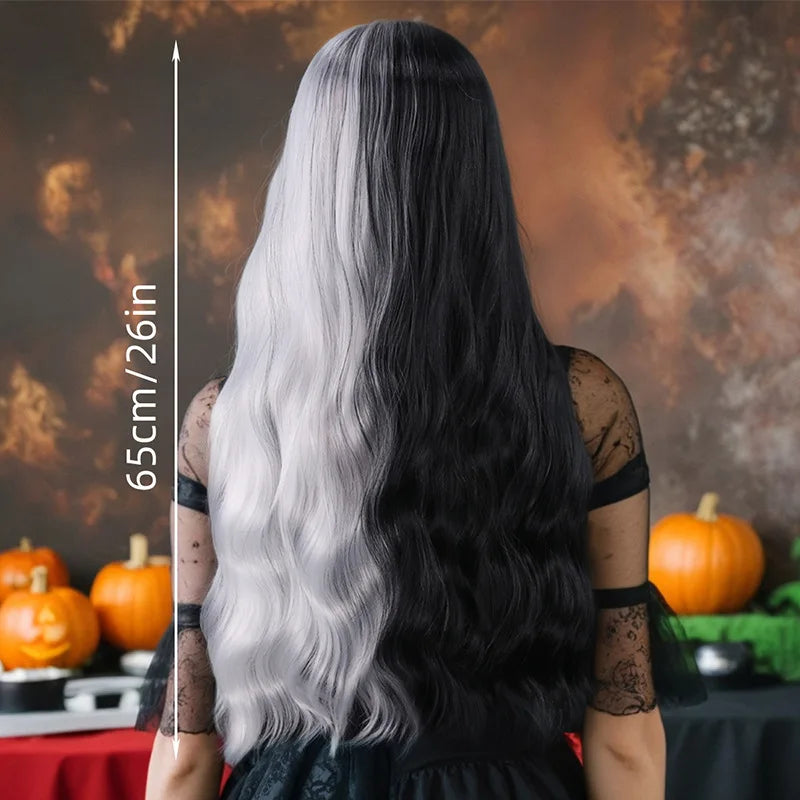 Cosplay Halloween Party Wigs CRUELLA Deville De Vil Black White With Bangs Short Bob Hair for Women Heat-Resistant Synthetic Wig