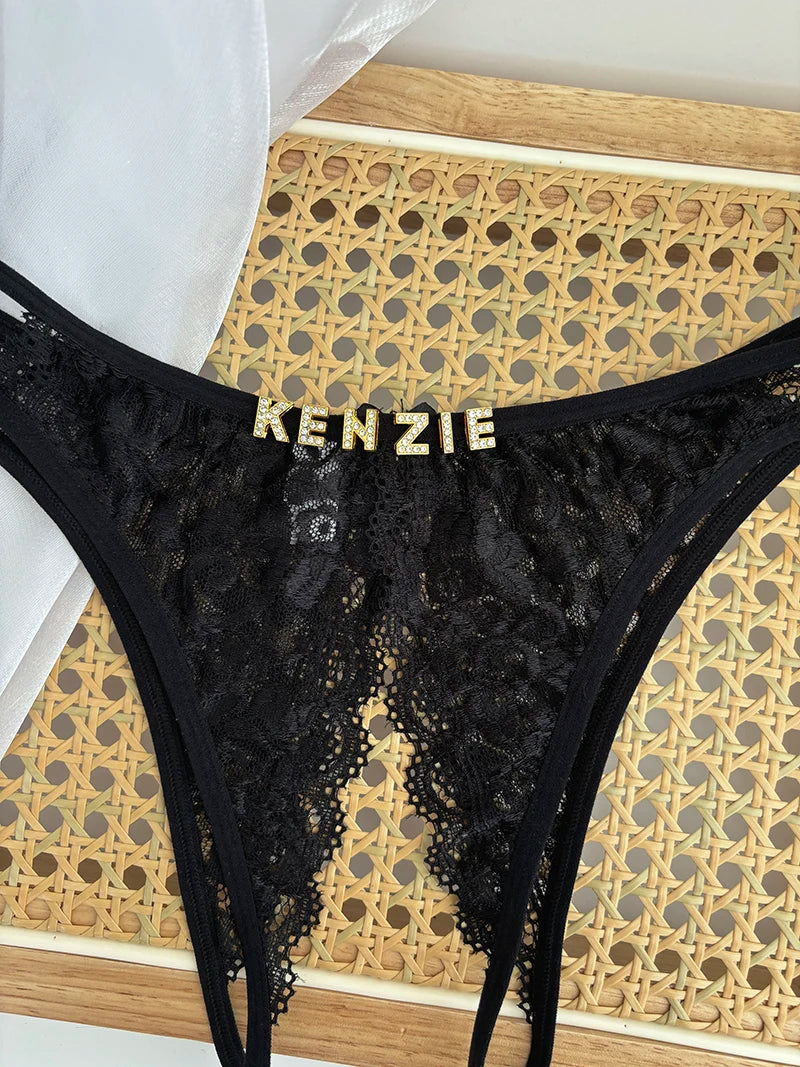 Custom Name Crystal Letter Briefs Sexy Lace Crotchless Knickers Hollow Waist Panties Open Gear Underpants Girlfriend Wife Gift