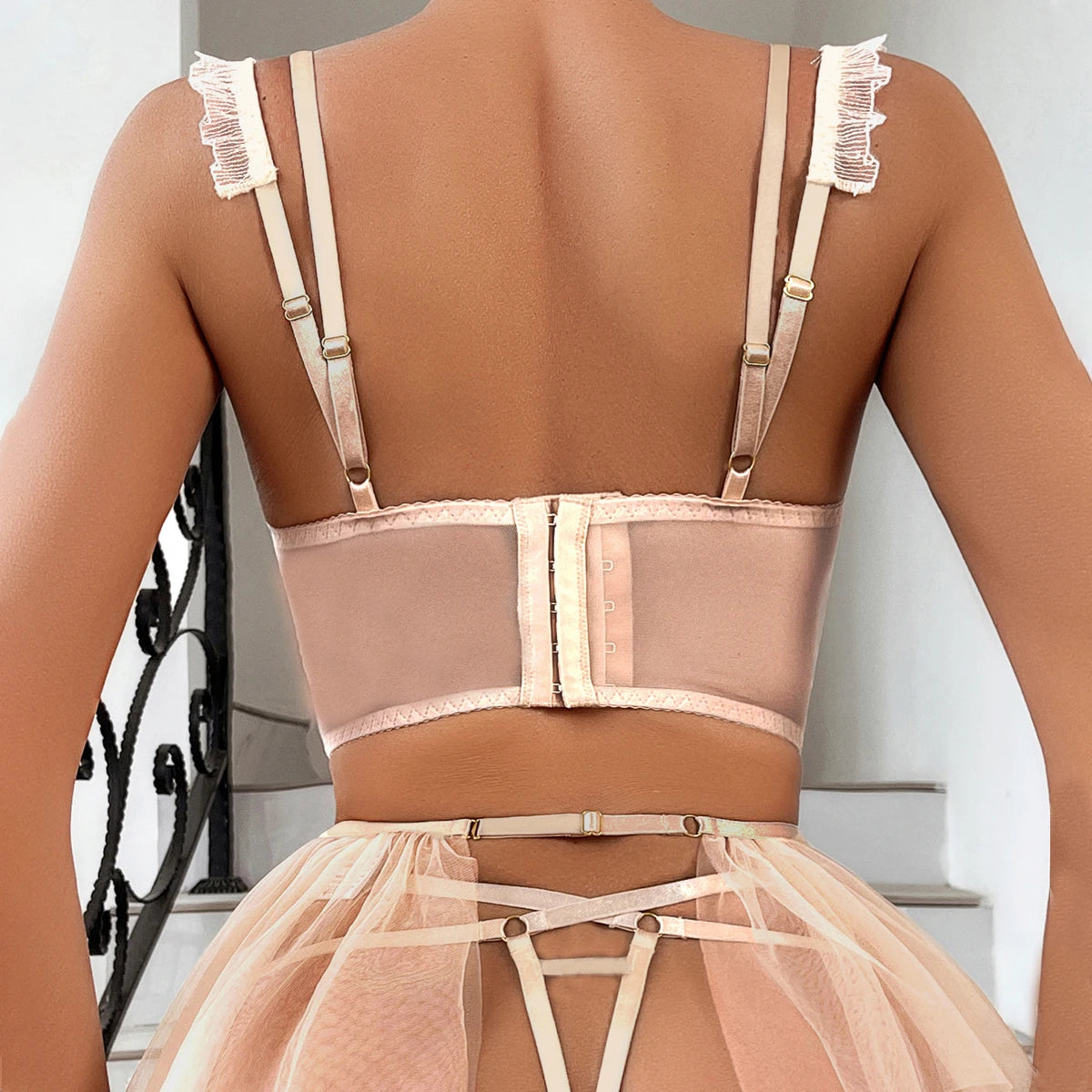 2026 Hot Sales New Fashion Diamond Lattice Embroidery Sexy Women'S Underwear Three-Piece Strappy Mesh Tutu Erotic Bra Thong Set