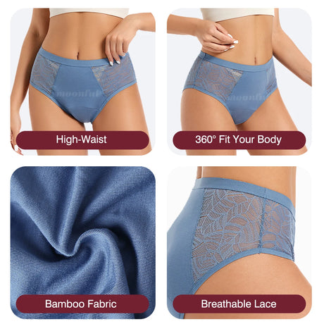 Moonful Women's Menstrual Panties High Waist Leak Proof 4 Layer Breathable Lace Period Underwear Girls Absorbent Brief