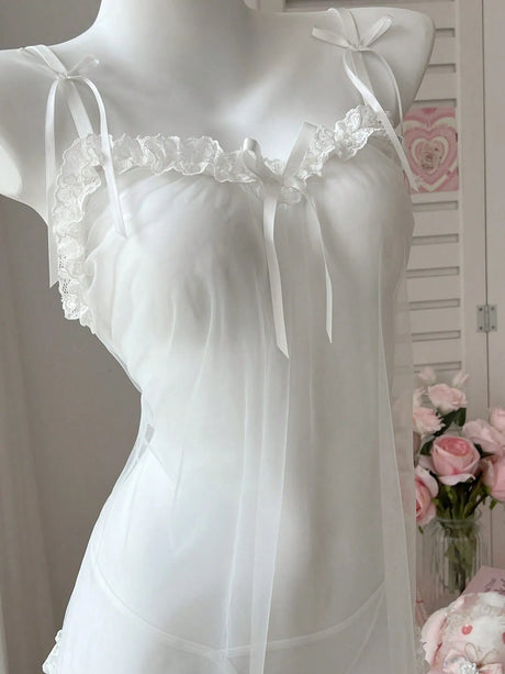 Ellolace Romantic Women's Casual Dresses Tempted Solid Sheer Cute Dress Thong 2PC Set Innocent Bownkow Decor Ruffled Sleepwear