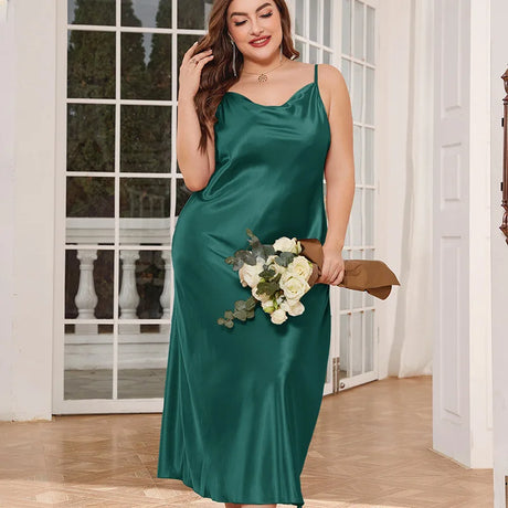 2025 New Women's Fashionable Sexy Plus Size 2XL Long Silk-Like Sling Nightgown Breathable Casual Sleepwear Loungewear