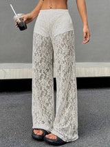 Pantalones De Mujer 2025 New Fashionable Personalized Solid Color Lace Jacquard Micro Transparent Straight Leg Casual Pants