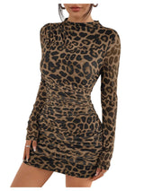 Lady's High-Neck Leopard Print Long-Sleeved Halter Dress With Floral Pattern