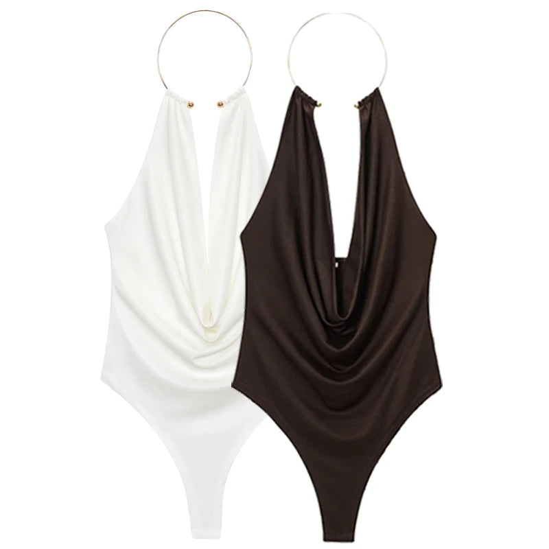 HXAO Sexy Halter Neck Bodysuit Women Summer Brown White Slimming Body Backless Off Shoulder Sleeveless Thong Top Women Bodysuit
