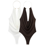 HXAO Brown Halter Bodysuit Women Summer Bodys For Sexy Women Off Shoulder Sleeveless Thong Bodysuit With Open Back Rave Bodysuit