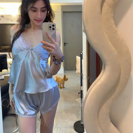 2025 Summer New Cami Top&shorts Sexy Lace Trim Pajamas Nightwear Lady's Lingerie Attractive Pijamas Backless Home Clothes