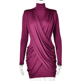 Mozision High Neck Shoulder Pads Long Sleeve Sexy Mini Dress Women Draped Cross Front Ruched Slim Bodycon Nightclub Party Dress