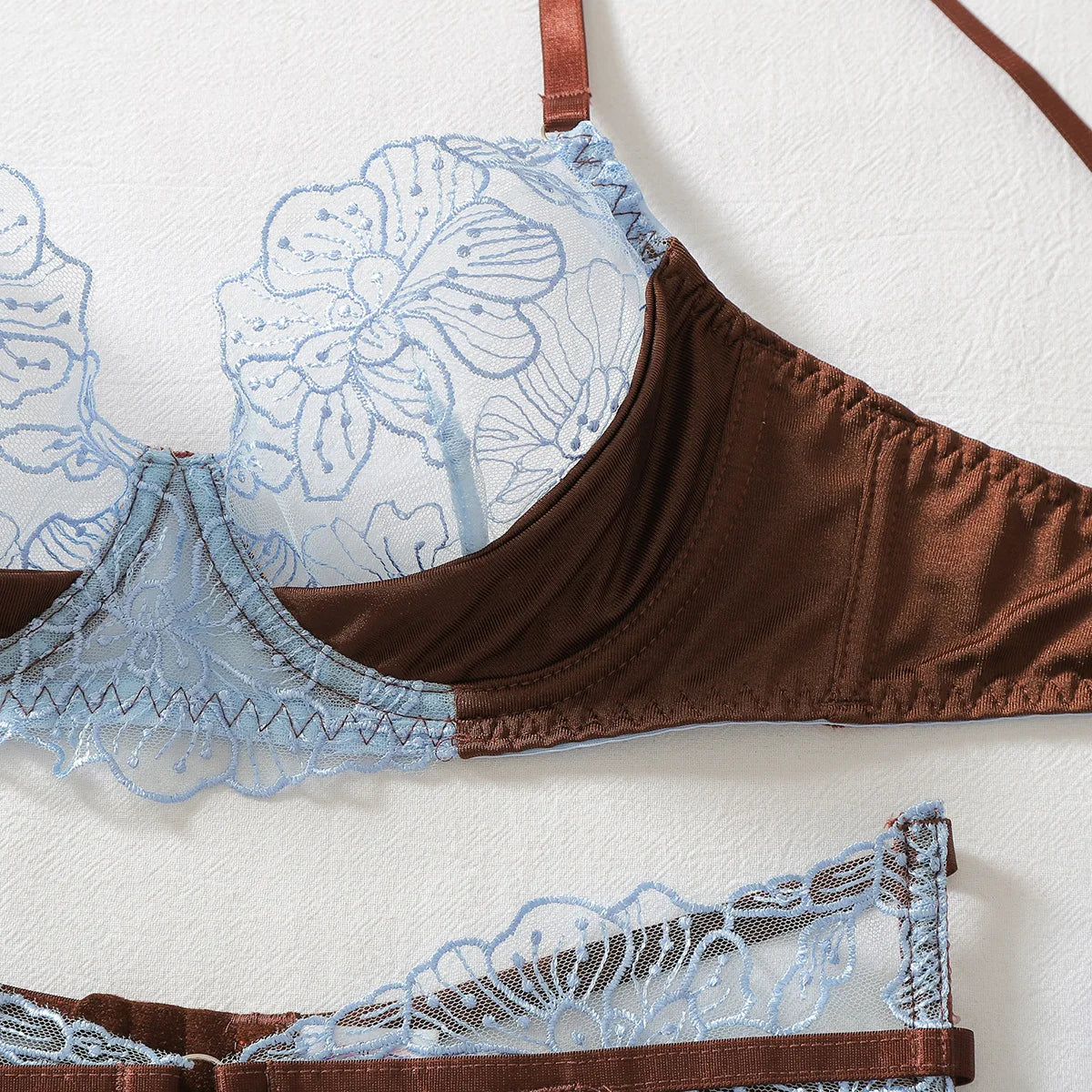 Diccvicc Women's Blue Lace Lingerie Set Brown Underwire Bra Garter Belt Thong Stockings See Through Hot Luxury Fashion Underwear