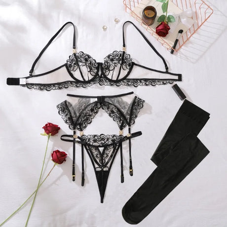 Women's Burgundy Lace Lingerie Set Underwire Bra Thong Panty Garter Straps Stockings Floral Embroidery Sexy Underwear Outfit