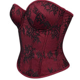 Women's Lace Corset Top Strapless Burgundy Black Molded Cup Back Lace-Up Waist Cincher Push-Up Bustier