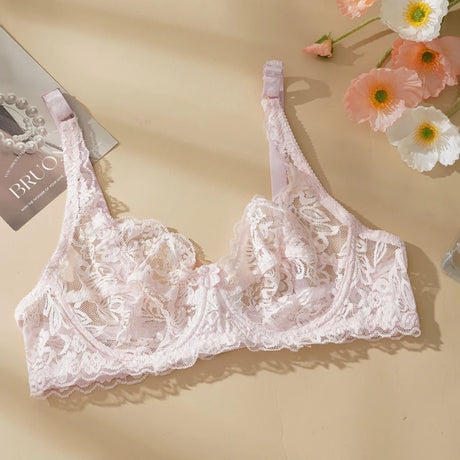 Plus Size Ultra-thin Lace Bras Women Sexy Exquisite Bras Non-padded Push Up Hollow Out Gathered Solid Underwear 34-40 B/C CUP