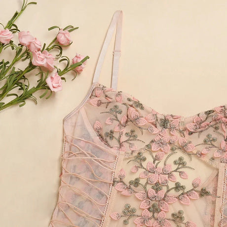 Porn Suit Floral Lace Embroidery Bodysuit Women Sexy Lingerie Bandage See Through Deep V Backless Body Suit Exotic Underwear