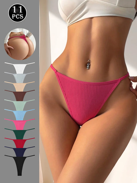 11Pcs Sexy Women‘s Thongs Low Waist Panties Underwear Solid Girls Briefs Cotton G-String Breathable Ladies Panty Female Lingerie