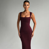 Hugcitar Women Elegant Solid Square Collar Straps Sexy Bodycon Maxi Prom Dress Summer Women Y2K Clothes Evening Party Birthday