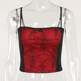 Combhasaki Summer Women's Sexy Gothic Halloween Backless Camisole Spider Web Lace Edge Back Zipper Sleeveless Slim Fit Tops