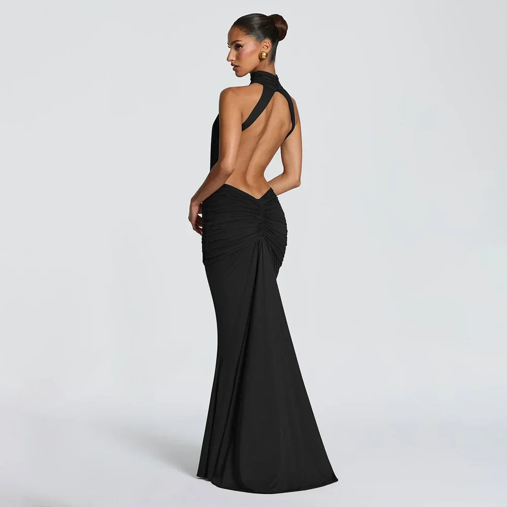 Women Solid Color Mermaid Evening Dress Sexy Open‑Back Slim Floor‑Length Long Gown Formal Banquet Party Maxi Dresses For Ladies