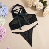 Ellolace Students Cosplay Lingerie Green Plaid Skirt Ultra Hot Halter Bra Transparent Necktie g-String Thongs Ensemble Lingeries