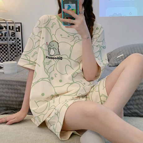 Women's Loose Fit Cartoon Bear Pajamas Set Summer Short Sleeve Gradient Casual Homewear Sleepwear