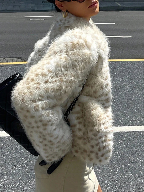 LIMO Women Lapel Leopard Print Faux Fur Jacket Cropped Fluffy Plush Open Front Outerwear