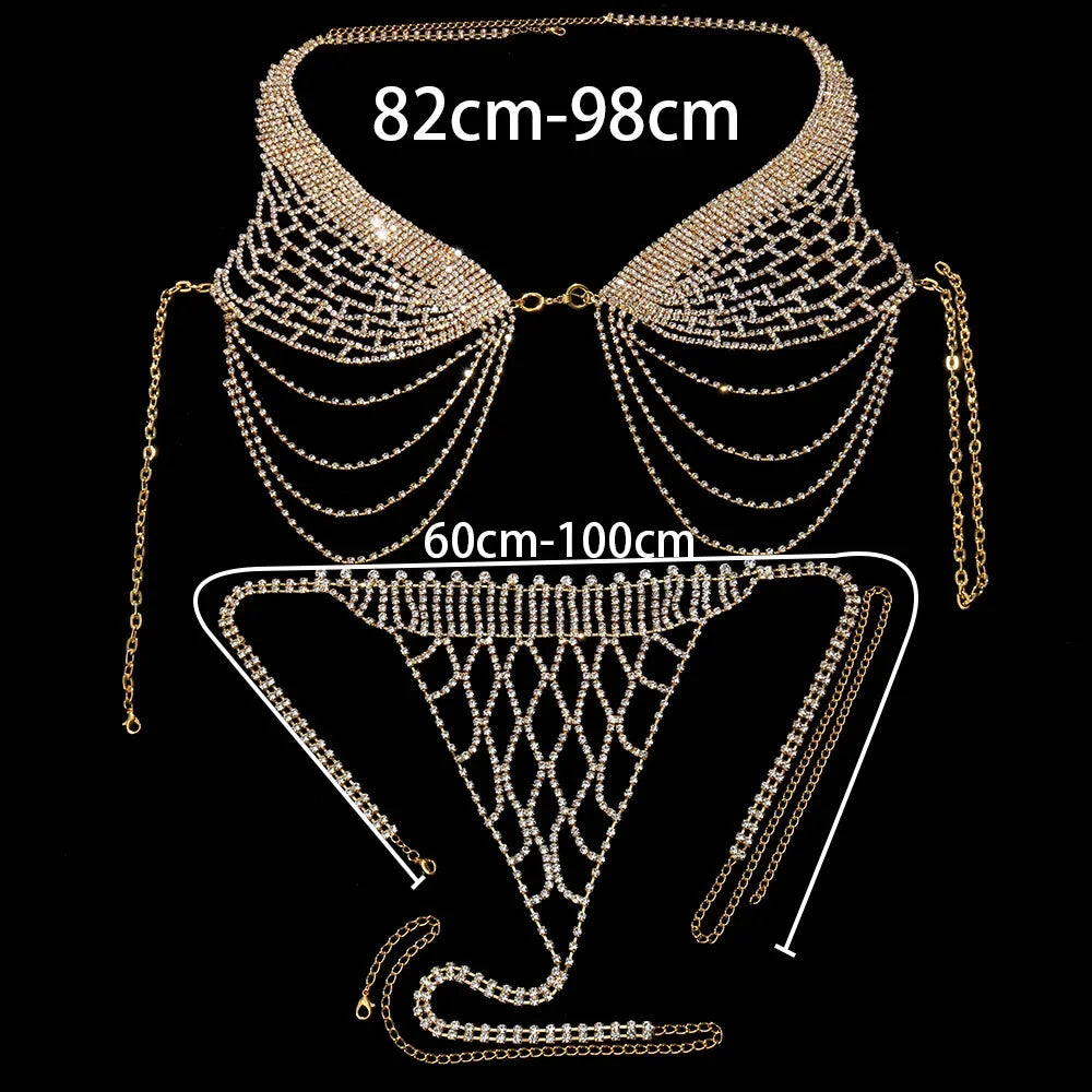 Tassel Underwear Rhinestone Bra Chain Harness for Women Accessories Sexy Fashion Crystal Bikini Bra and Thong Sets Body Jewelry