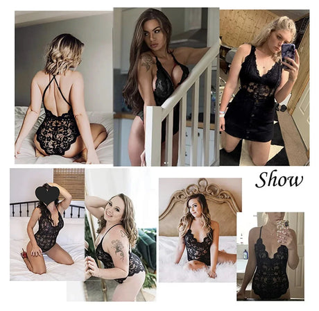 Sexy Plus Size Lingerie Suspenders Multi-color Dark V Transparent Lace Onesie Lace Bodysuit  Porno Costume Sexy Women Open