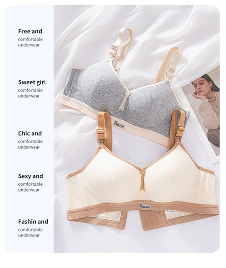 Pure Cotton Double Button Breastfeeding Bra Comfortable Breathable With Thin Gathered Maternity Bra Anti Sagging No Underwire