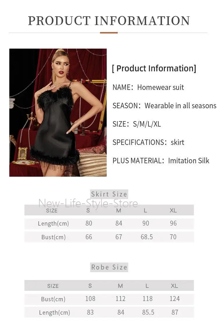 New European Luxury Plus Size Women Pajama Set Sexy Spaghetti Strap Nightgown with Fringe Trim Matching Robe Loungewear