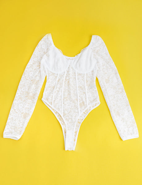 Women Sexy Lace Long Sleeve Bodysuit Underwire Square V Neck Open Crotch Clubwear Top Plus Size Snap Closure Teddy Lingerie