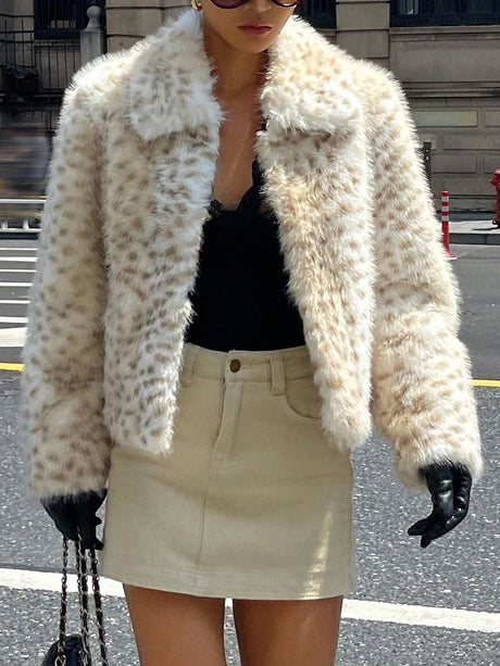 LIMO Women Lapel Leopard Print Faux Fur Jacket Cropped Fluffy Plush Open Front Outerwear