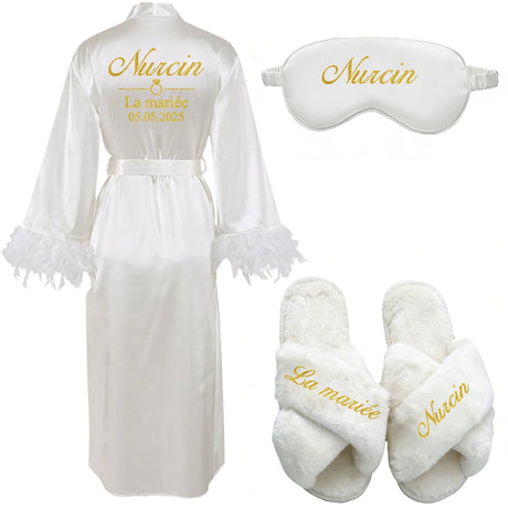 Customized Bathrobe for Women Personalized Name And Date Robe Add Any Text Gown for Bridal Party Feather Bride Robes