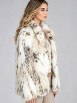 LIMO Women White Grey Spotted Faux Fur Notch  Open Front Long Sleeve Cropped Fluffy Warm Winter Loose Fashion Daily Coat