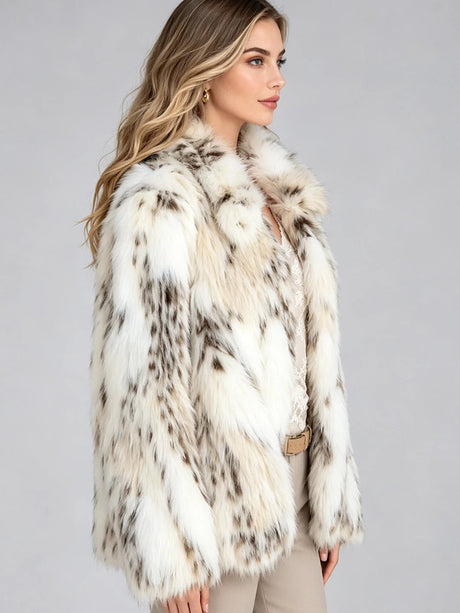 LIMO Women White Grey Spotted Faux Fur Notch  Open Front Long Sleeve Cropped Fluffy Warm Winter Loose Fashion Daily Coat
