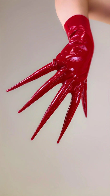 POINTED FINGER GLOVES 85cm 33" Long Spike Shoulders Patent Faux Leather PU Arm Warmers Shine Black LLDLLNT