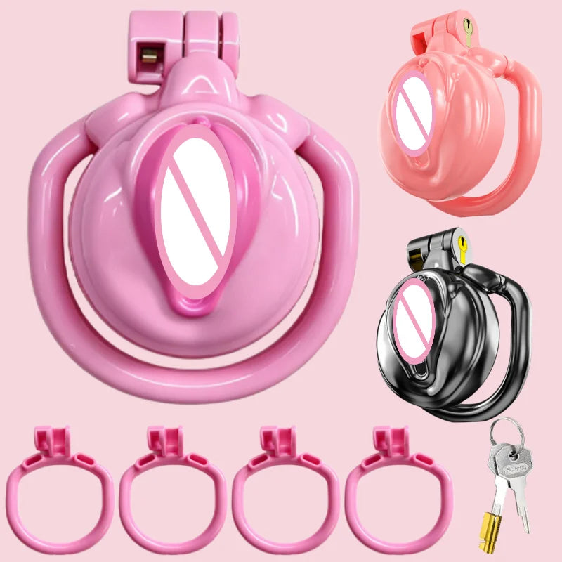 New Sissy Simulation Vagina Cock Cage Stainlesswith 4 Penis Rings Chastity Lock Man Chastity Belt Man's Sex Products Sex Toy 18+