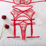 Women Red Floral Embroidery Lingerie Set 4 Piece Sheer Mesh Garter Belt Hollow Out Underwear Harness Strappy Romantic Nightwear
