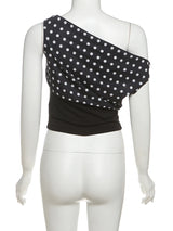 Weird Puss Polka Dots Print T-Shirts Women Summer Trend Skew Collar Off Shoulder Backless Street Fashion Trend Ruched Crop Tops