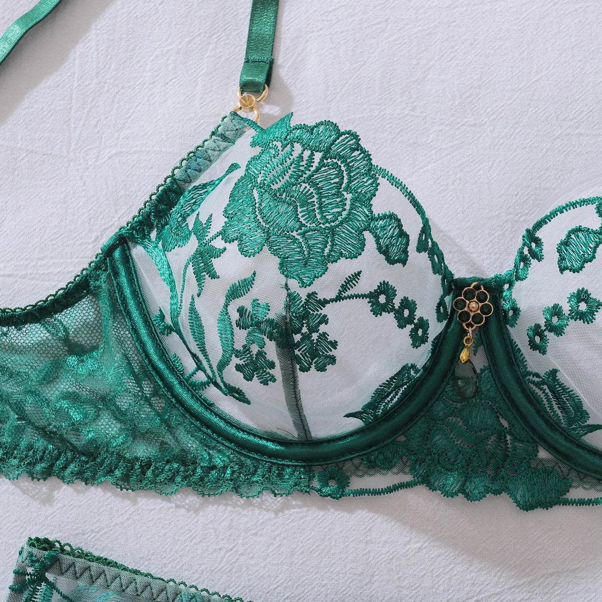 Heavy industry embroidery sequin red slim fit perspective high-end splicing gemstone decoration sexy lingerie four piece set